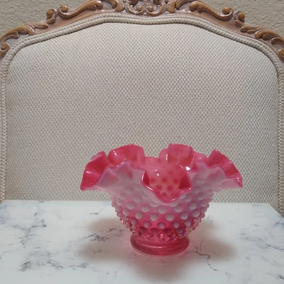 Antique Cranberry Opalescent Hobnail Ruffle Vase - Picture 2 of 6